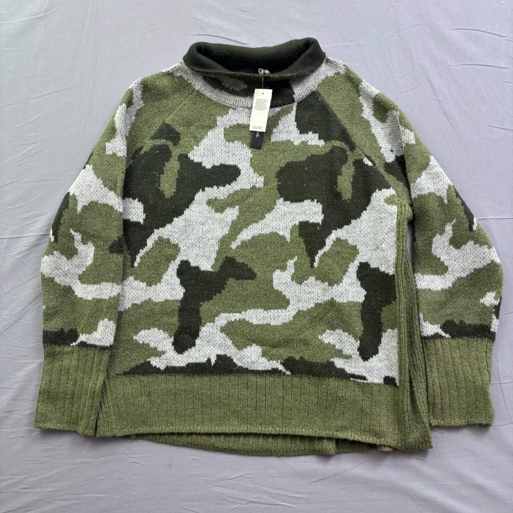 Alison Andrews Womens Camo Mock Neck Sweater XL Green Camouflage Ribbed Knit NWT